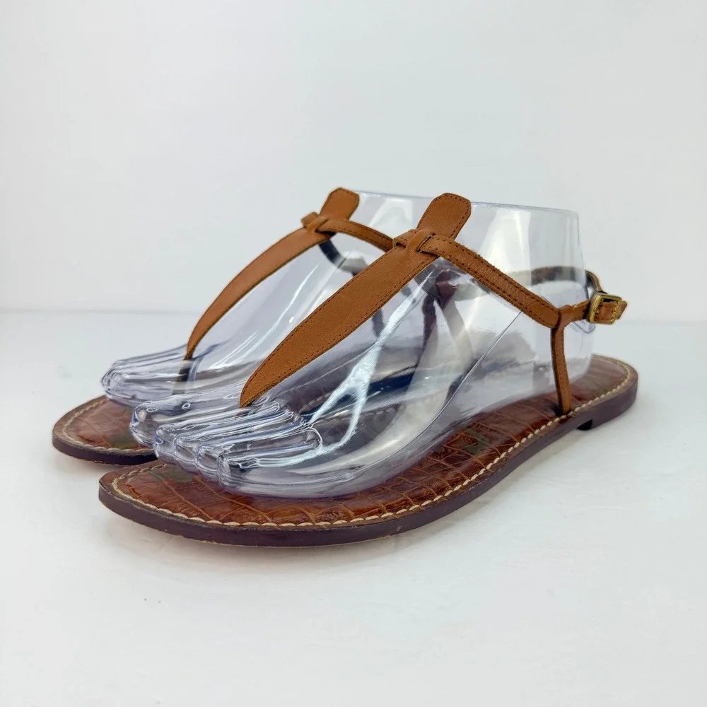 EUC Sam Edelman 10 Women Sandals Gigi Brown Croc Embossed Leather T-Strap Thong